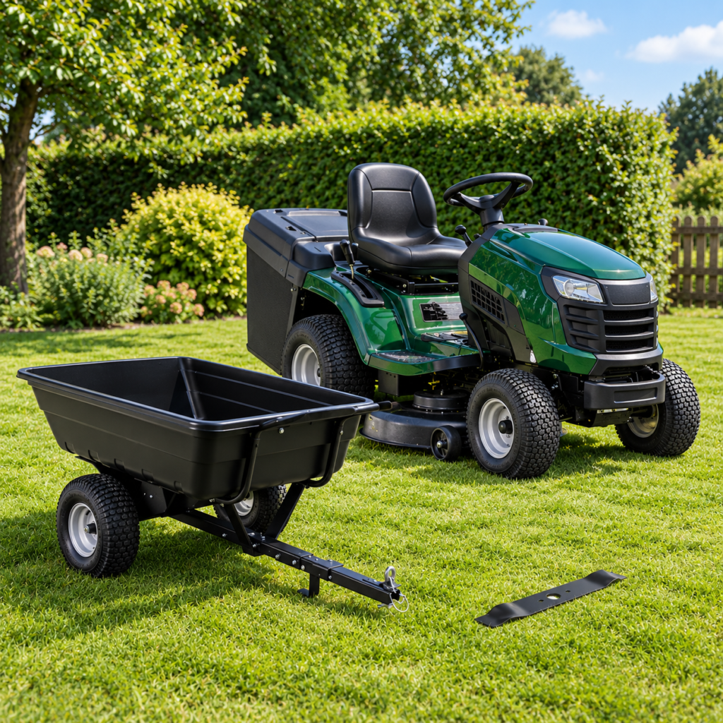 ride on lawn mower with tower and blade next to it