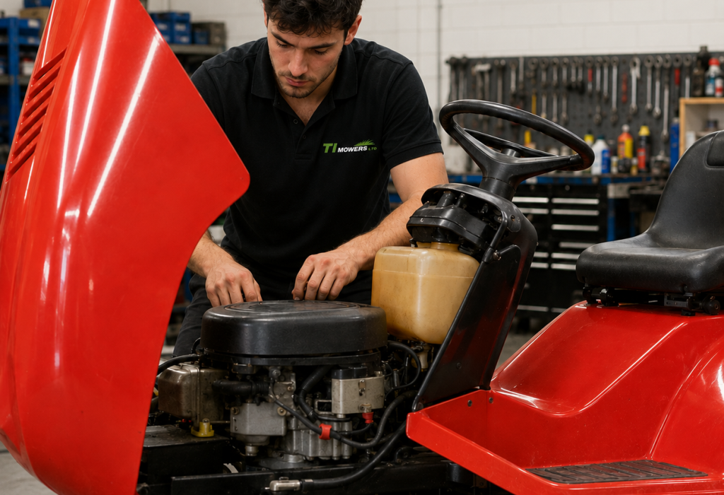 man fixes ride on lawn mower